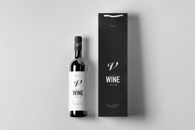 葡萄酒酒瓶产品包装袋样机展示素材 Wine Bag & Bottle Mockup